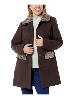 NWT Colleen Lopez Womens Faux Wool Coat Brown Removable Collar Size Small